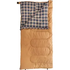 Cotton sleeping bag in tan color. Overall length 78 inches, width 35 inches. Temperature rating 15°F. Suitable for outdoor sleeping in cold conditions.
