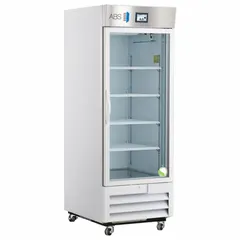 This 26 cu ft upright lab refrigerator maintains a temperature range of 1°C to 10°C for general purpose storage of temperature-sensitive materials. It features a white finish, a right-opening swing glass door for easy viewing, and a temperature alarm. Uses R-290 refrigerant. Overall depth is 36 1/2 in.