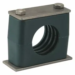 This beta clamp features a 304 stainless steel clamp with a polypropylene cushion insert. The textured core provides vibration dampening and grip on pipes, tubes, or hoses. Used in industrial systems to reduce vibration, noise, and wear.