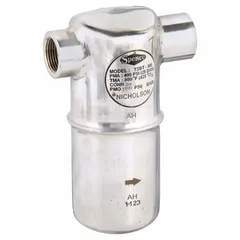 Stainless steel inverted bucket steam trap with 1/2 in FNPT connection. Rated for 580 lb/hr maximum capacity and 400 psi maximum pressure. In-line configuration for horizontal installation. Strainer not included. Used to automatically drain condensate from steam lines while preventing steam loss in industrial steam systems.
