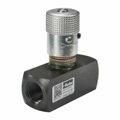 Manual two-way needle valve with rotary knob adjustment for precise flow regulation in hydraulic and pneumatic circuits. Steel body with #6 SAE O-Ring Boss connections on both ports. Maximum flow rate of 5 gpm.