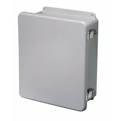 This WIEGMANN fiberglass enclosure is designed for indoor use to house electrical controls, terminals, and instruments. It features a solid hinged cover secured by a padlock hasp, with a NEMA 1 rating for protection against dust and light impact. Dimensions are 13 in x 11 in x 6 in; knockouts are not included.