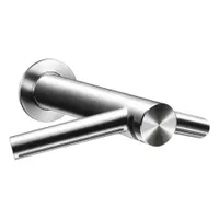 This single-post unit combines a sensor-activated faucet and hand dryer in one fixture, allowing users to wash and dry hands at the same station without touching surfaces. It features a brushed stainless steel finish, hardwired connection, and BSP fittings. A wall box is included for installation