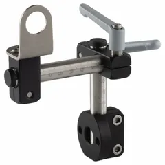 Sensor mount kit with two 100 mm stainless steel tubes, both with measurement scales. Includes a bracket clamp with M12 hole size. Used for positioning sensors in industrial automation and machine-building applications.