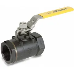 This SHARPE ball valve is made of carbon steel with a straight pattern and full port design. It features 1-1/4 inch FNPT female threaded ends and a locking lever handle for secure manual operation. Suitable for on/off flow control in industrial piping systems handling water, oil, gas, and other non-aggressive media.