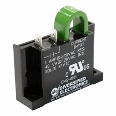 Surface-mounted overcurrent relay from the CMG-0101 Series. Monitors overcurrent conditions with a 200 A current rating and a 2 A trip point. Features quick disconnect terminal electrical connection. Used in industrial control panels to protect equipment such as motors and conveyors from overcurrent faults.