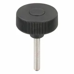 Knurled knob with threaded stud, 63 mm diameter, M10 thread, 60 mm thread length. Plastic body with stainless steel thread, gray finish. Used for manual adjustment and clamping in industrial equipment, machine guards, and fixtures.