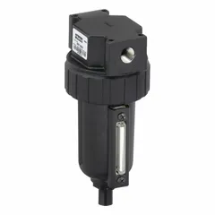 Particulate filter for compressed air systems. Removes solid contaminants down to 5 micron. 1/4 in NPT connection, 53 cfm flow capacity, 250 psi maximum operating pressure. Used in pneumatic circuits and industrial machinery to protect downstream equipment.