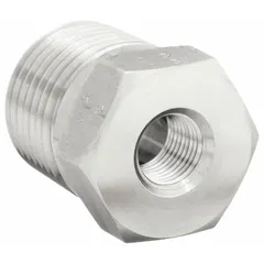 Rigid, straight steel adapter with female NPTF x male NPTF connections. Connects a 1/2 in female port to a 1/8 in male thread. Used in industrial fluid power systems for leak-resistant joints in hydraulic lines.