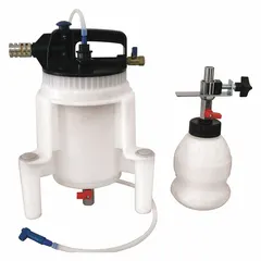This pneumatic-powered fluid evacuator is designed for removing brake fluid, oil, and other fluids from automotive and industrial systems. Constructed from ABS material with a 14-inch overall length, it is suited for use in tight spaces within workshops and service bays.