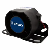 This ECCO heavy-duty backup alarm delivers a tonal warning at 112 dB, suitable for industrial vehicles and equipment. It operates on 12-36V DC and features a bolt mount with 16 AWG blunt cut wire connector. SAE Type A rated for reversing safety in warehouses, construction sites, and manufacturing facilities