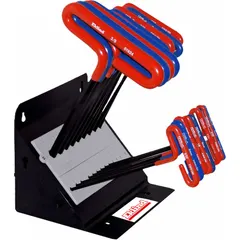 This 18-piece T-shaped hex key set includes both metric and SAE sizes with standard and long ends. Each key has a single hex tip and a black finish. The set is supplied in a pouch for storage and organization.