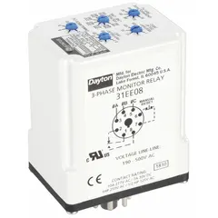 Socket-mounted relay for monitoring phase unbalance in three-phase systems. Rated 10 A at 190-500V AC with 8 terminals. Protects motors and equipment from voltage imbalances in industrial applications such as pumps, compressors, and conveyors.