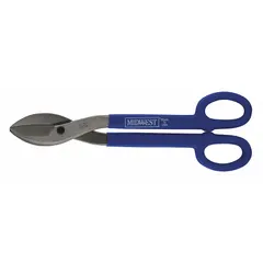 Straight-cutting tinner snip with a 16 in overall length and 2-1/2 in cutting length. Features a steel blade, plastic handle, and steel rivet. Constructed from cold rolled steel, rated for cutting material up to 16 ga. Commonly used for straight cuts in sheet metal fabrication and HVAC ductwork.
