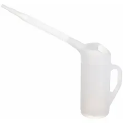 This translucent measuring container has a 2 qt fluid capacity and a flexible pour spout for controlled transfer of oils, coolants, and other non-corrosive liquids. With a 4 1/4 in overall diameter and 6 3/4 in overall height, it is suitable for precise measurement and dispensing in automotive shops, industrial maintenance, and chemical handling applications.