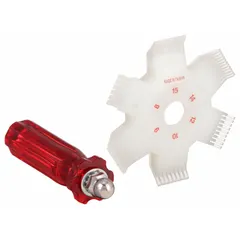 Automotive A/C fin comb tool for cleaning and straightening bent or damaged fins on condenser and evaporator coil fans. Measures 3-1/5 inches in diameter by 4-1/5 inches in length. Restores airflow and cooling efficiency.