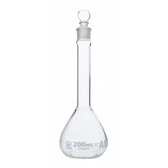 Colorless borosilicate glass volumetric flask with 200 mL capacity, Class A accuracy, and 0.20 mL tolerance. Meets USP Type I requirements for high-purity applications. Includes closure; compatible with stopper size 19. Used for precise liquid measurement and dilution in analytical chemistry and quality control.