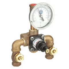 Thermostatic mixing valve in brass construction with 1/2 in NPT inlet and outlet. Designed for use with eyewash stations to blend hot and cold water to a tempered supply. Includes a cold water bypass feature to prevent scalding if hot water supply fails. Height 8 3/8 in, maximum flow rate 7 gpm.