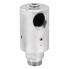 This DUFF-NORTON rotary union is a straight, plain stainless steel rotating joint with one passage. It features a 2" threaded rotating shaft and a carbon graphite seal, with a maximum speed of 1000 rpm. Used to transfer fluid or gas from a stationary supply line into rotating machinery in continuous rotation applications.