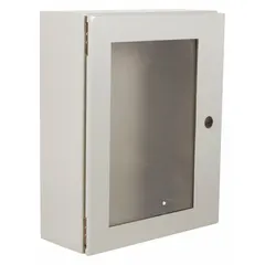 Steel enclosure with solid cover and window, hinged, and 1/4-turn latch. Rated NEMA 12/13/3R/4 for protection against dust, falling dirt, rain, sleet, and hose-directed water. Suitable for indoor or outdoor use to house electrical controls and instruments. No knockouts included.