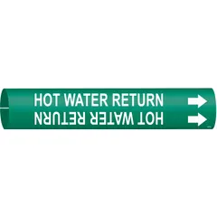Green snap-on pipe marker with white legend reading 'Hot Water Return' and directional arrows. Fits pipe outer diameters from 1-1/2 to 2-3/8 inches. Used to identify hot water return lines in piping systems for compliance with pipe-marking standards.
