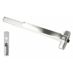 This rim-type exit device features a touchbar style and a chrome finish. It includes a thumbpiece pull outside trim and is ADA compliant. Suitable for commercial doors requiring safe egress, such as in office buildings, schools, and healthcare facilities.