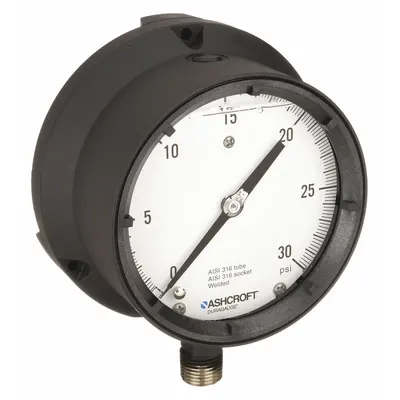ASHCROFT Process Pressure Gauge: 0 psi to 30 psi, White, 4 1/2 in Dial, 1/2 in NPT Male - Vibration-Resistant All-Stainless Steel Wetted Parts & Casing