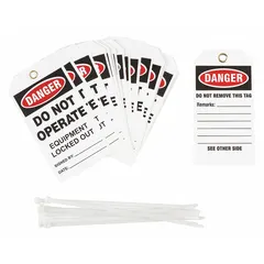 This polyester danger tag features a write-on surface for custom information. It displays 'Danger Do Not Operate' in English and is used in lockout/tagout procedures to indicate a hazardous condition and prohibit equipment operation during maintenance or repair.