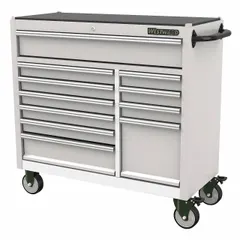 This WESTWARD rolling tool cabinet is constructed from stainless steel for corrosion resistance. It measures 42 inches wide by 18 7/8 inches deep by 40 inches high and features 11 drawers for organized storage. Suitable for workshops, garages, and maintenance facilities where tools and equipment need to be stored and transported.