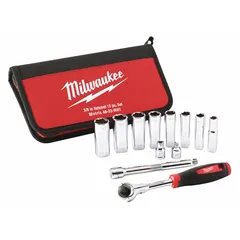 This 12-piece metric socket set includes 6-point sockets from 10 mm to 19 mm with a 3/8 in drive. Deep sockets and a friction design provide secure grip on fasteners. Suitable for tightening and loosening bolts in automotive repair, machinery maintenance, and industrial assembly. Drive tools are included; socket bits and wrenches are not.