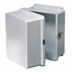 This WIEGMANN fiberglass enclosure measures 12 x 10 x 10 inches and features a solid screw-on cover with a padlock hasp closure. Rated NEMA 1/12/3R/4X/6P, it is suitable for indoor, outdoor, wet, and submersible applications, including washdown areas and corrosive environments. No knockouts are provided.