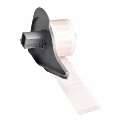 This precut label roll consists of 1/4 in x 1/4 in white gloss polyester labels with a temperature range of -94°F to 230°F. Designed for use with the BMP71 printer series, it enables on-demand identification of small components, cables, and equipment in industrial settings.