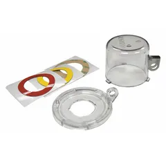 This clear removable-cover lockout device is used in lockout/tagout procedures to prevent accidental activation of push-button controls. It fits push buttons with a maximum diameter of 1.2 inches and measures 2.15 inches by 2.9 inches by 2.9 inches, allowing visual confirmation of the locked-out button.