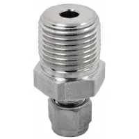Stainless steel compression fitting with 316 stainless steel ferrule for securing and sealing temperature probes. Provides a leak-proof connection in industrial environments such as process control and manufacturing