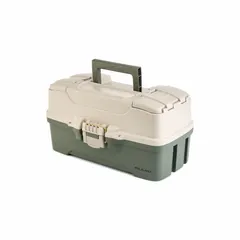 Plastic tool box with hinged lid and latch, in green/tan color. Measures 6 5/8 inches wide, 14 7/8 inches deep, and 8 1/4 inches high. Suitable for storing and organizing hand tools, parts, and accessories in workshops and job sites.