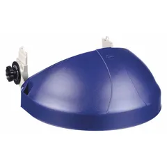 Thermoplastic bracket in blue for attaching a face shield to a 3M W-Series hard hat. Features a slotted attachment type. Used in industrial environments requiring head and face protection.