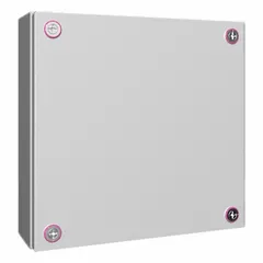 Steel enclosure with solid cover and mini cam lock. Measures 11 x 11 x 5 inches. Light gray finish. NEMA 12 rated for protection against dust, dirt, and non-corrosive liquids. Suitable for indoor industrial environments.