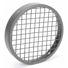 Steel inlet guard with baked enamel finish. 6-inch outside diameter and 1/2-inch wire spacing. Includes mounting hardware. OSHA compliant. Designed to protect equipment inlets from debris and accidental contact in ventilation and HVAC systems.