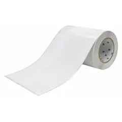 This acrylic label roll features a permanent adhesive and inkjet print-receptive surface, supplied as 100 precut labels sized 7 in x 10 in. Designed for use with the BradyJET J5000 printer series, it supports industrial labeling tasks such as asset identification, cable marking, and safety signage.