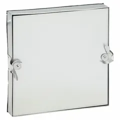 Rectangular duct access door constructed from 24 ga steel with fiberglass insulation. Features a double cam latch and tab-in hinge for secure closure. Includes a 12 in observation port for visual inspection. Suitable for HVAC systems requiring maintenance access to rectangular ducts.