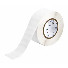 Vinyl wraparound label in white matte finish, measuring 3/4 in x 1 in, designed for wire gauges 16 AWG to 12 AWG. Used for permanent identification of wires in electrical panels, machinery, and control systems. Compatible with BBP81 printer series and requires R4302 ribbon.