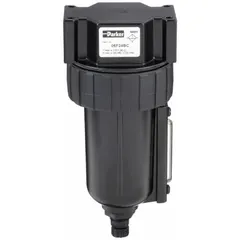 Particulate filter for compressed air systems. Removes solid contaminants down to 5 micron. 3/8 in NPT connection, 80 cfm flow capacity, maximum operating pressure 250 psi. Used in pneumatic circuits and industrial machinery to protect downstream equipment.