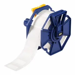 Acrylic label roll with permanent adhesive and inkjet print-receptive material, designed for use with the J7300 printer series. Each roll contains 1,000 labels measuring 3/4 in x 1 1/2 in. Suitable for industrial labeling applications such as electrical panel identification, equipment marking, and control system labeling.
