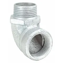 This 90 degree short elbow is made of plain iron and has a 3/4 in trade size with NPT male-to-female threads (3/4"-14). It is designed for use with rigid metal conduit (RMC) to change direction in conduit runs. The fitting has an overall length of 2 3/32 in and complies with UL 514B.