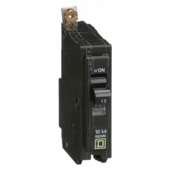 Single-pole bolt-on miniature circuit breaker rated 15 A at 120/240V AC, single phase, with a maximum interrupting rating of 10 kA at 120/240V AC. Designed for use in Square D NQOD panelboards to protect branch circuits against overloads and short circuits.
