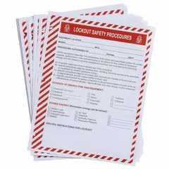 This reference material provides forms for creating and documenting lockout/tagout procedures. It supports up to 25 users and is written in English. The content covers OSHA regulations for lockout/tagout safety training.