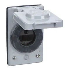 Single general purpose receptacle with weatherproof cover, Type 6-20, rated 250V AC and 20 A. Gray finish. Suitable for outdoor or wet location installations in industrial and commercial settings to provide a protected power outlet.