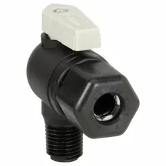 This manual two-way ball valve features a polypropylene body and is NSF 51 compliant for use in potable water and food-processing lines. It has a 1/4 in full port ball port, angle configuration with Sweat x MNPT connections, and a lever handle. Suitable for controlling flow in beverage dispensing, water filtration, and other sanitary applications.