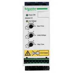 Soft start for three-phase induction motors, reducing mechanical stress and electrical inrush current. Output current 9 A, control voltage 24V DC, with bypass, IP20/NEMA 1 enclosure, 60/50 Hz. Suitable for pumps, fans, compressors, and conveyors.