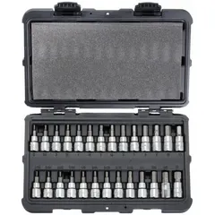 This 50-piece hex bit socket set includes 27 hex bit sockets with a 3/8 in drive size and an overall length of 1 27/32 in. The fixed insert design covers sizes from 2 mm to 12 mm. Suitable for driving hex fasteners in assembly, maintenance, and repair tasks.